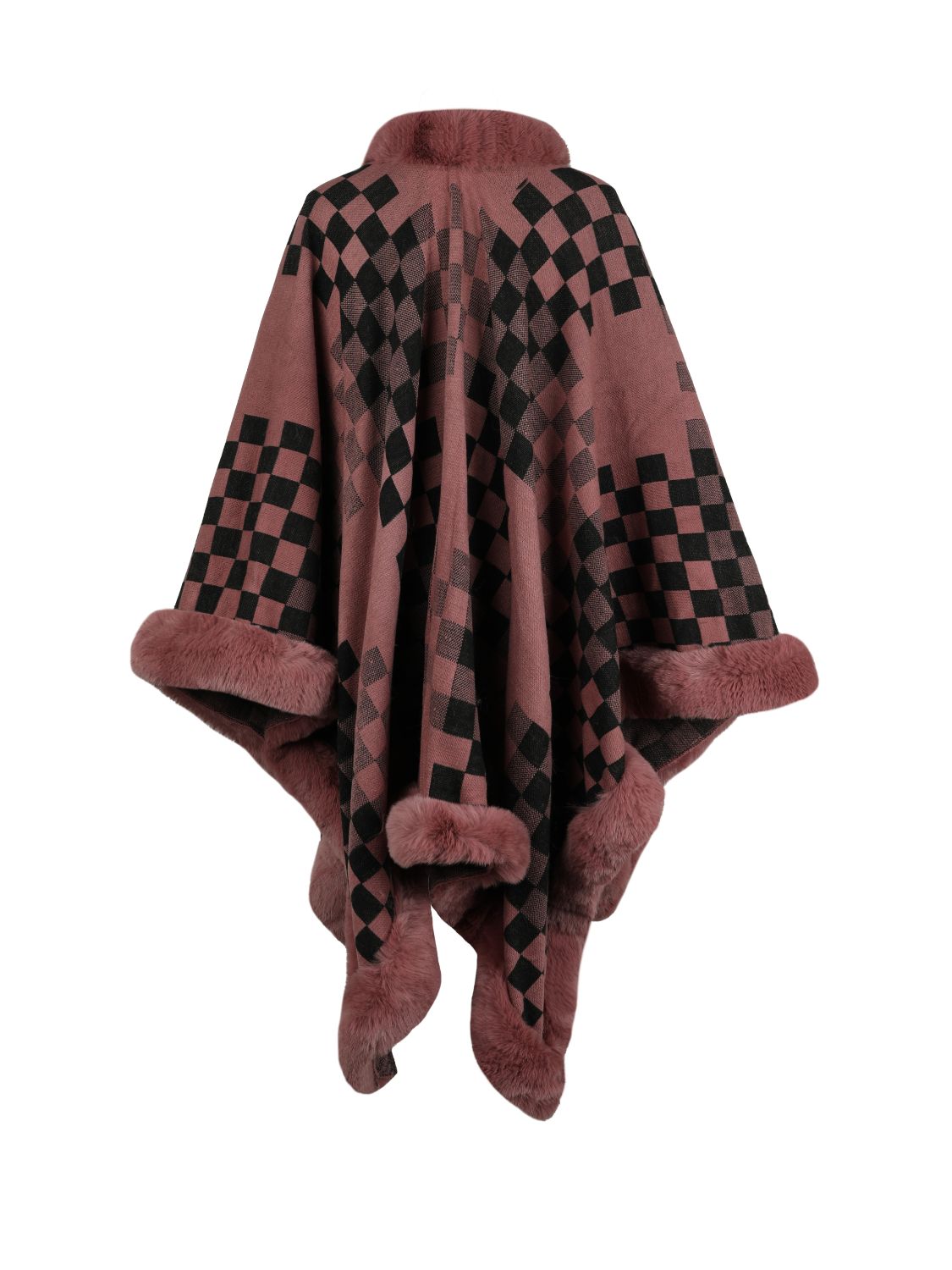 Checkered Faux Fur Trim Poncho - Pahabu - Women's Clothing & Shop