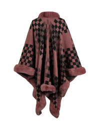 Checkered Faux Fur Trim Poncho - Pahabu - Women's Clothing & Shop