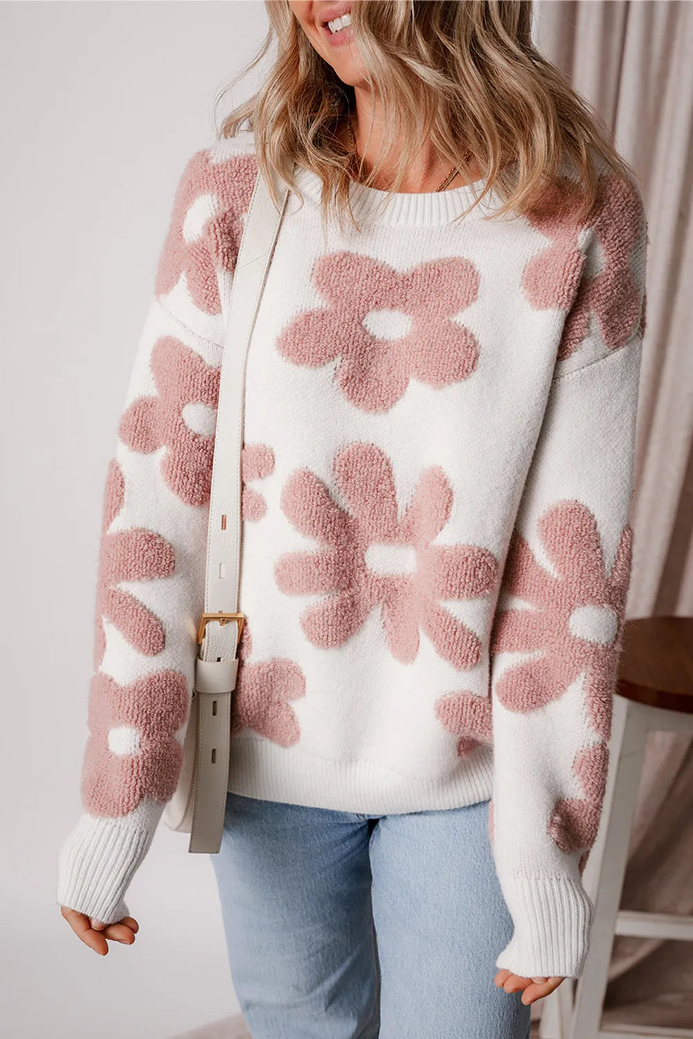 Flower Round Neck Long Sleeve Knit Top - Pahabu - Women's Clothing & Shop