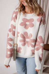 Flower Round Neck Long Sleeve Knit Top - Pahabu - Women's Clothing & Shop
