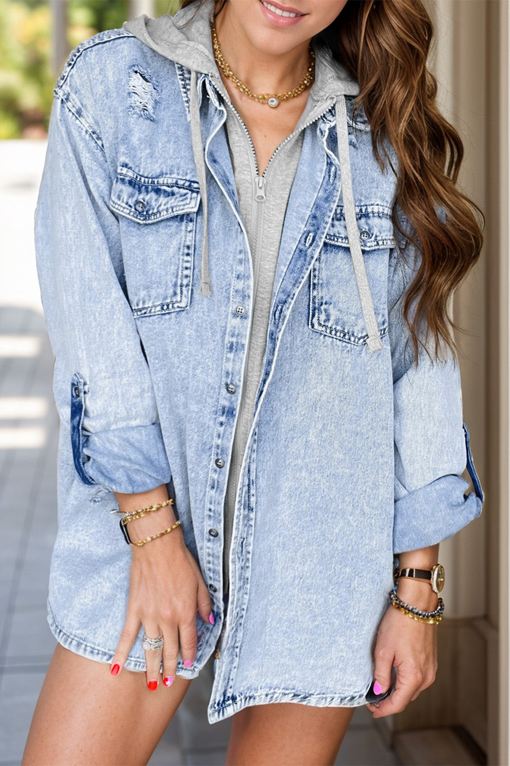Distressed Button Up Long Sleeve Denim Jacket - Pahabu - Women's Clothing & Shop