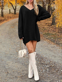 V-Neck Dropped Shoulder Sweater Dress - Pahabu - Women's Clothing & Shop