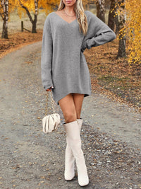 V-Neck Dropped Shoulder Sweater Dress - Pahabu - Women's Clothing & Shop