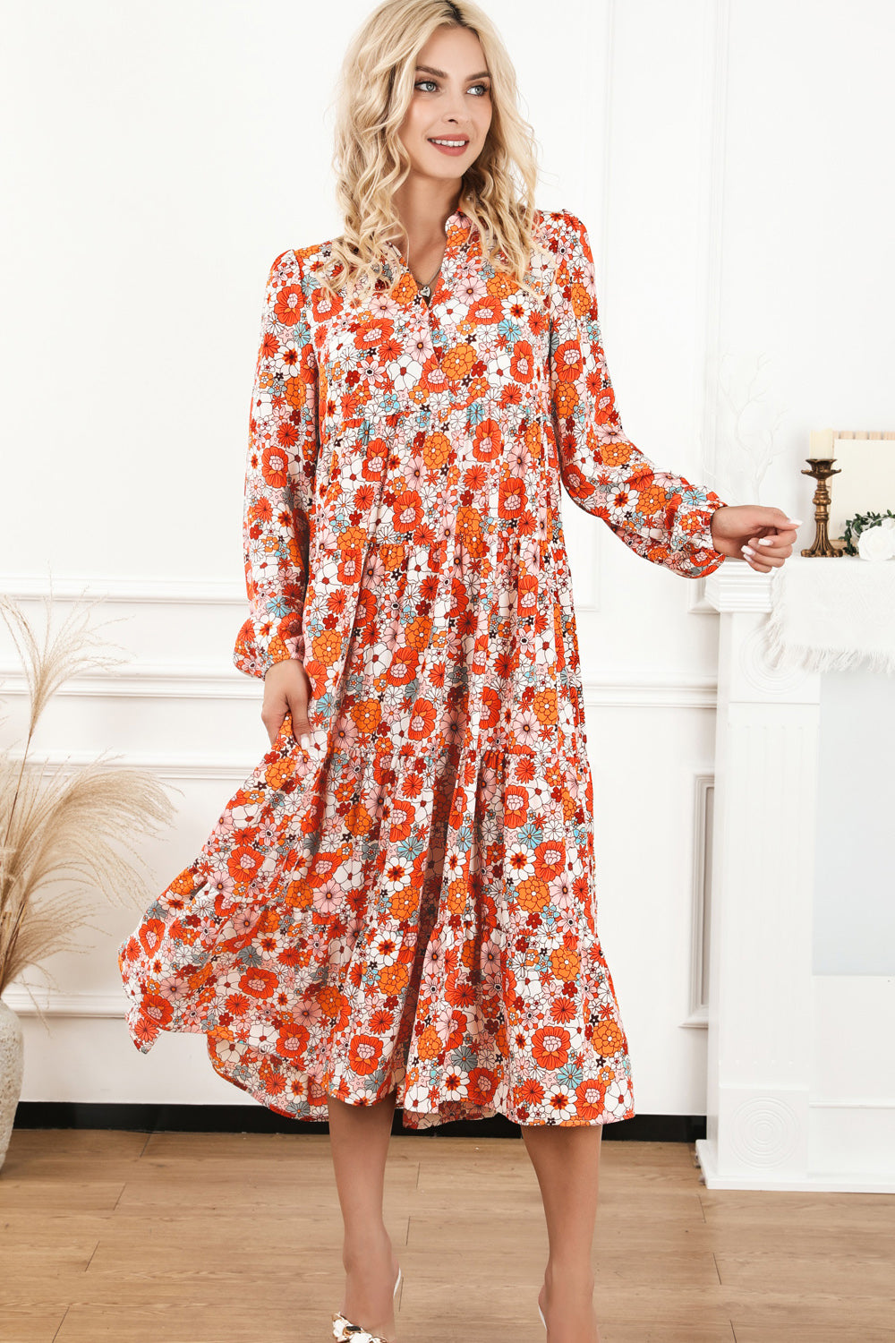 Floral Notched Neck Long Sleeve Dress - Pahabu - Women's Clothing & Shop