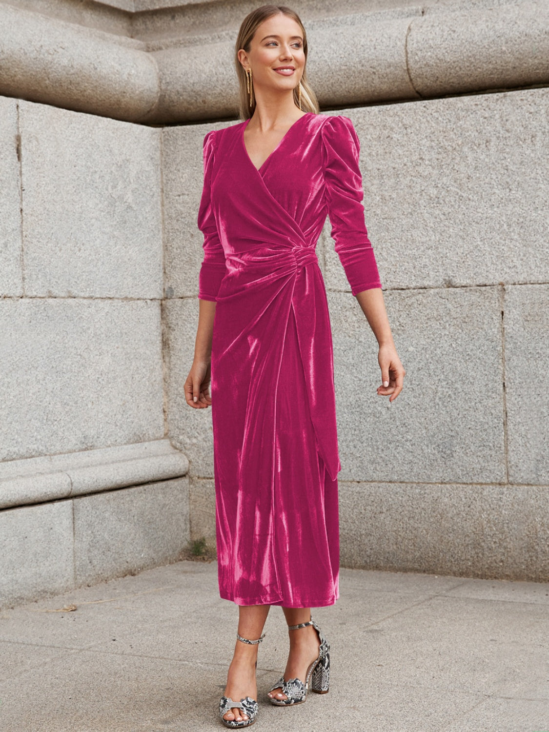 Surplice Puff Sleeve Midi Dress - Pahabu - Women's Clothing & Shop