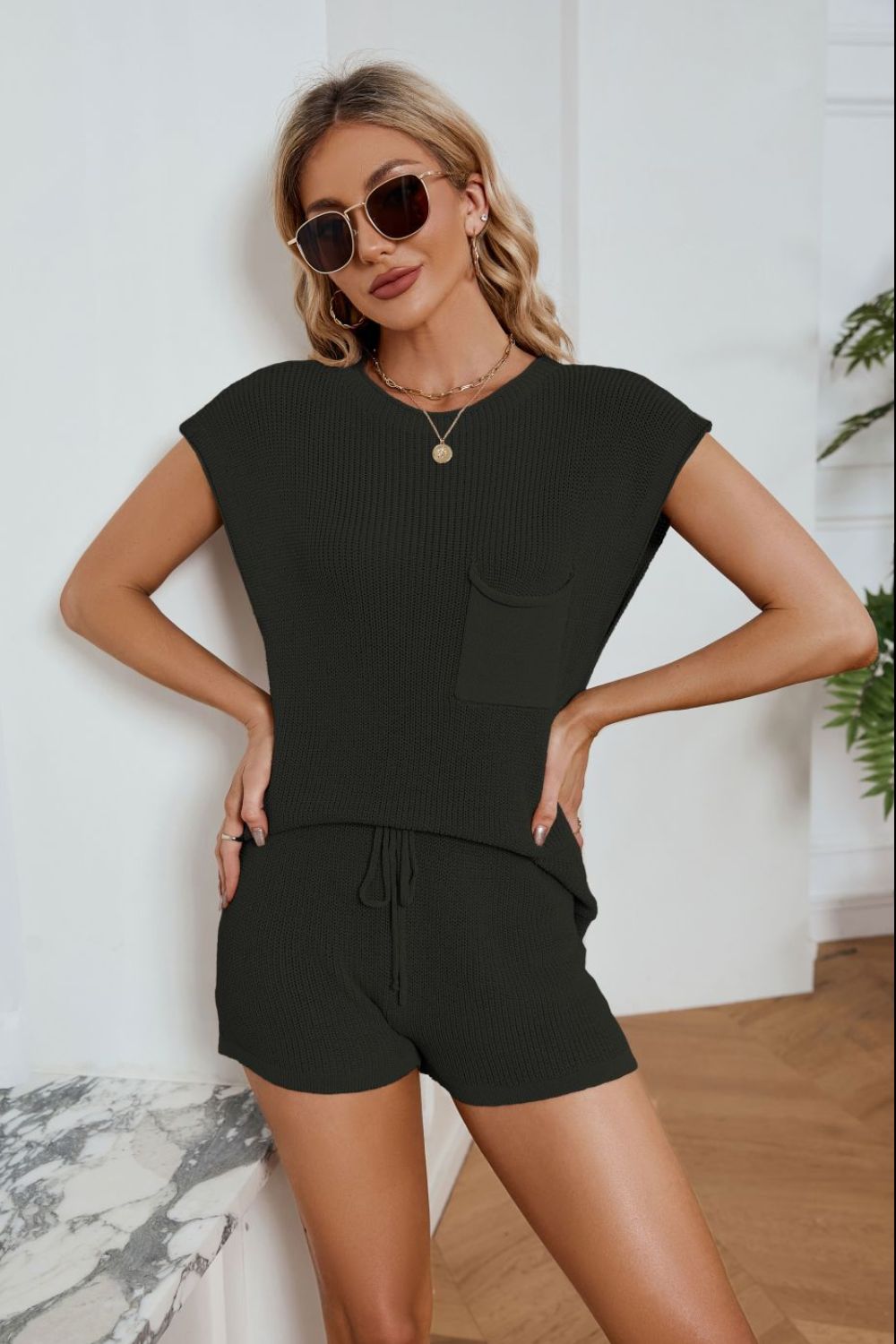 Round Neck Knit Top and Drawstring Shorts Set - Pahabu - Women's Clothing & Shop