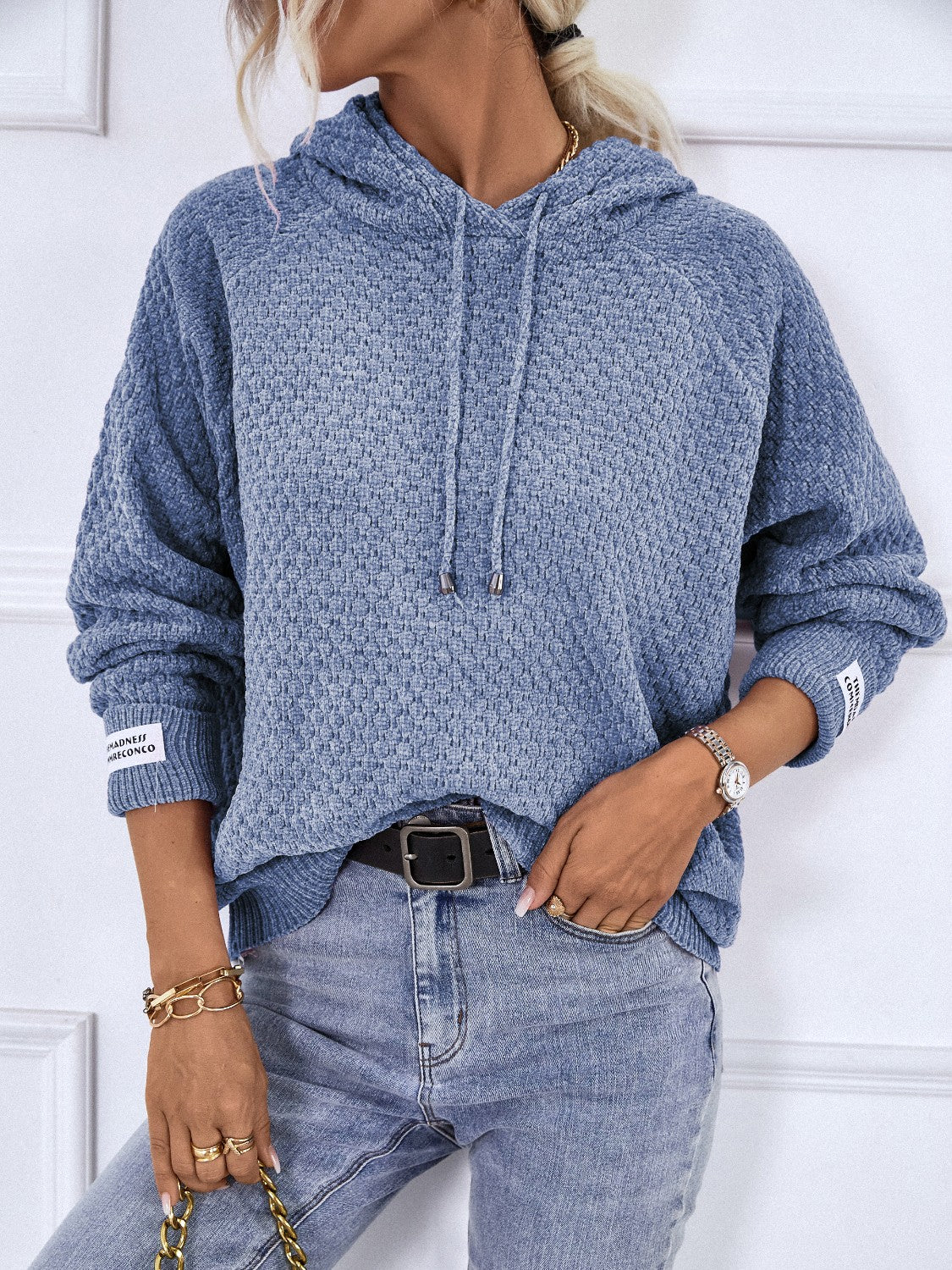 Texture Drawstring Long Sleeve Hooded Sweater - Pahabu - Women's Clothing & Shop
