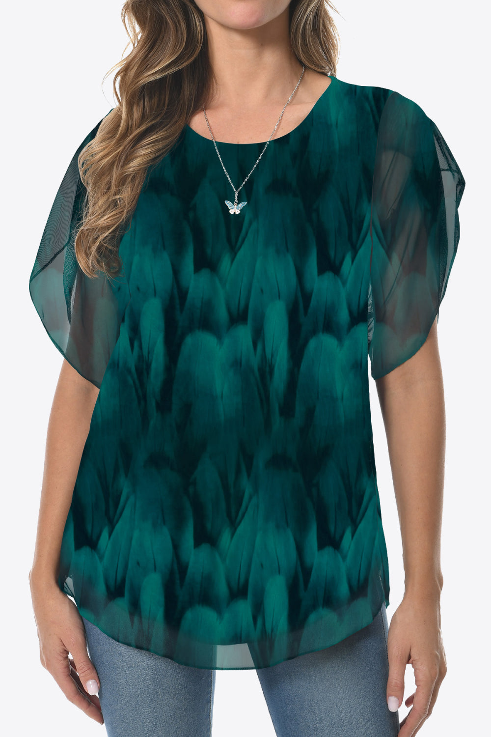 Printed Round Neck Curved Hem Blouse - Pahabu - Women's Clothing & Shop
