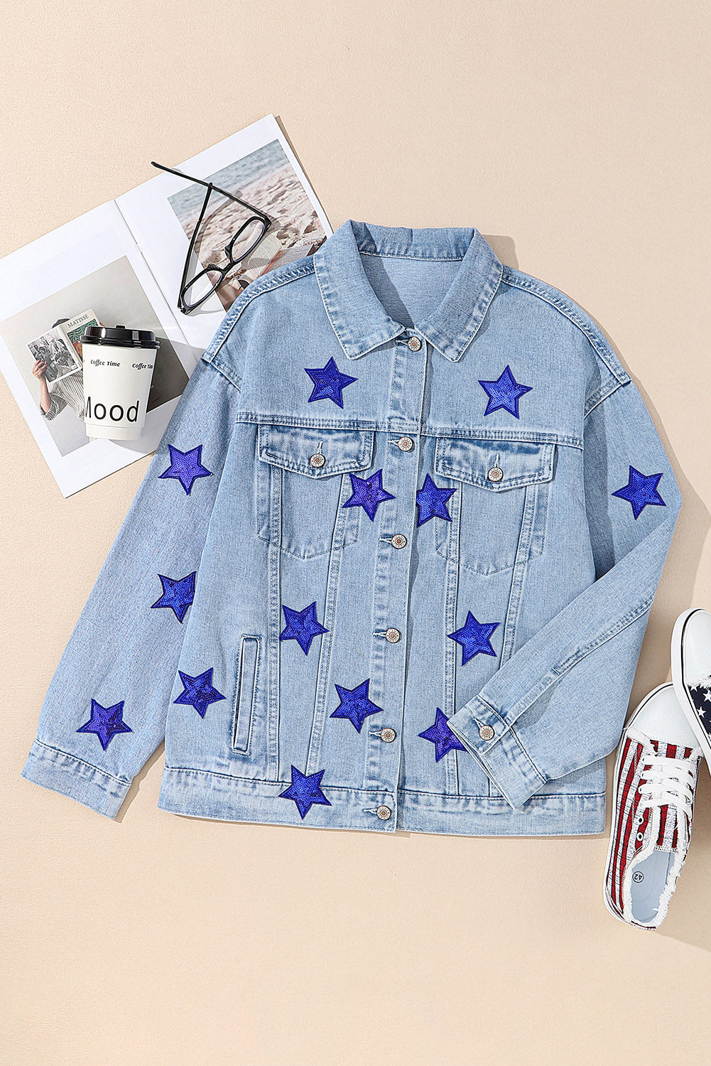 Pocketed Geometric Collared Neck Denim Jacket - Pahabu - Women's Clothing & Shop