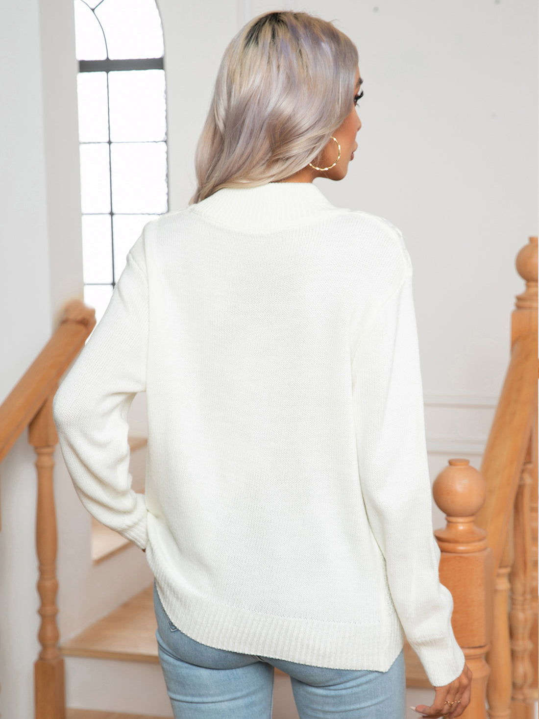 Openwork Geometric Mock Neck Sweater - Pahabu - Women's Clothing & Shop