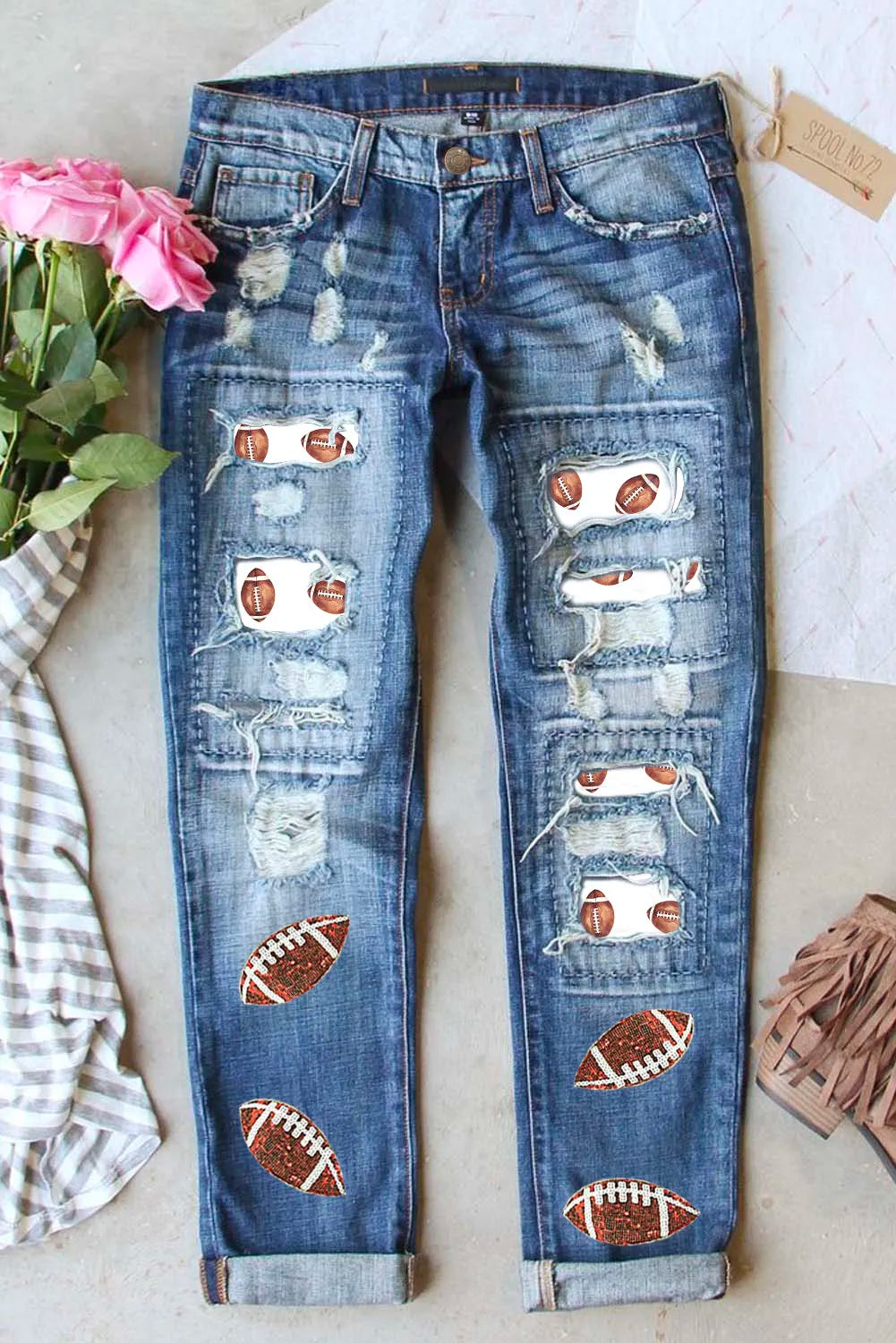 Distressed Football Straight Jeans - Pahabu - Women's Clothing & Shop