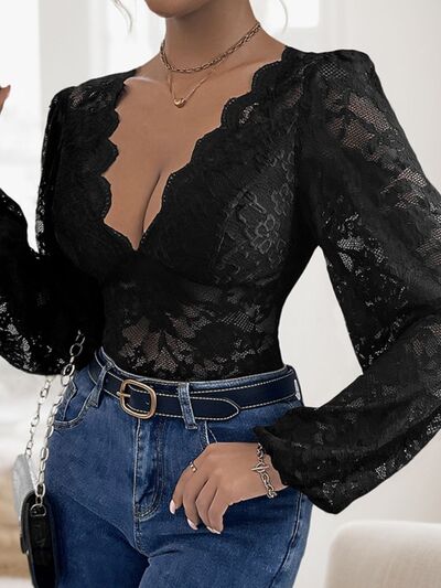 Perfee Lace Plunge Long Sleeve Bodysuit - Pahabu - Women's Clothing & Shop