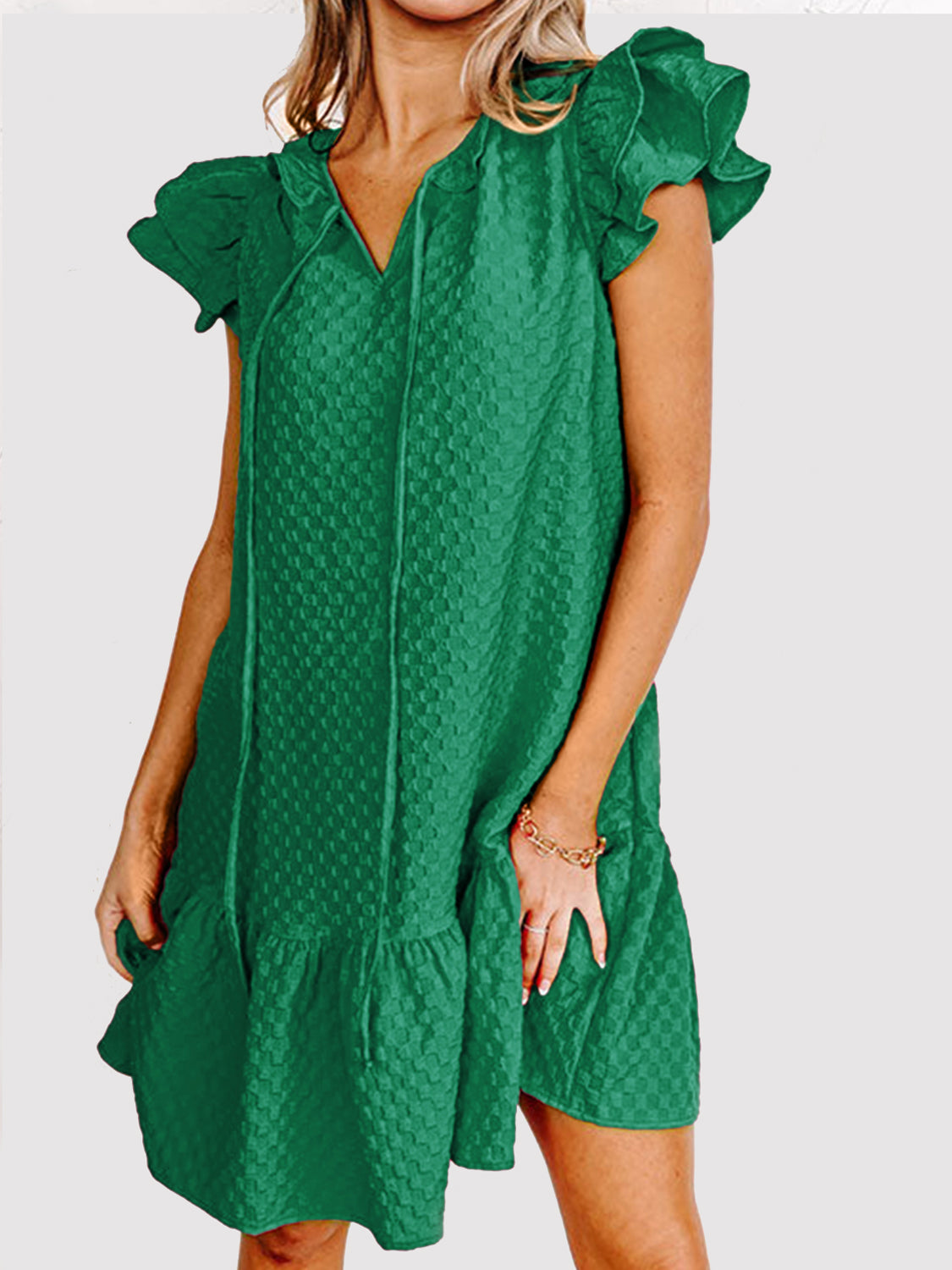 Ruffled Tie Neck Cap Sleeve Dress - Pahabu - Women's Clothing & Shop