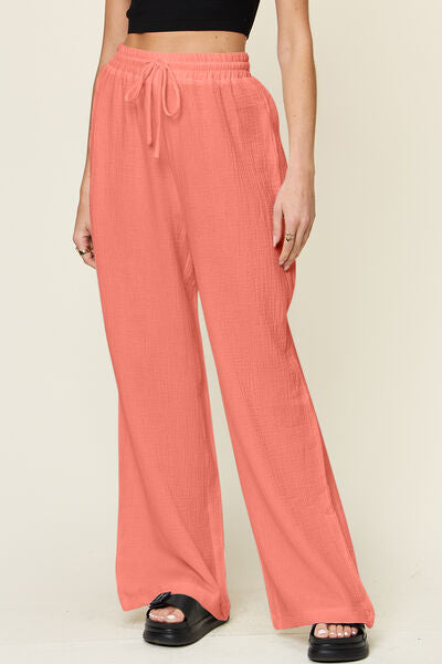 Double Take Full Size Texture Drawstring Wide Leg Pants - Pahabu - Women's Clothing & Shop