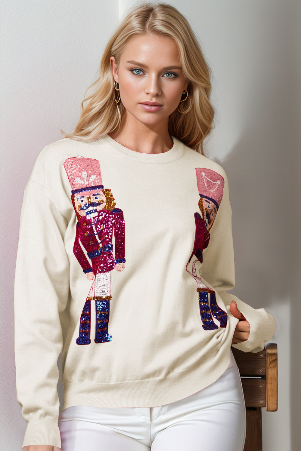 Double Take Full Size Nutcracker Sequin Long Sleeve Sweater - Pahabu - Women's Clothing & Shop