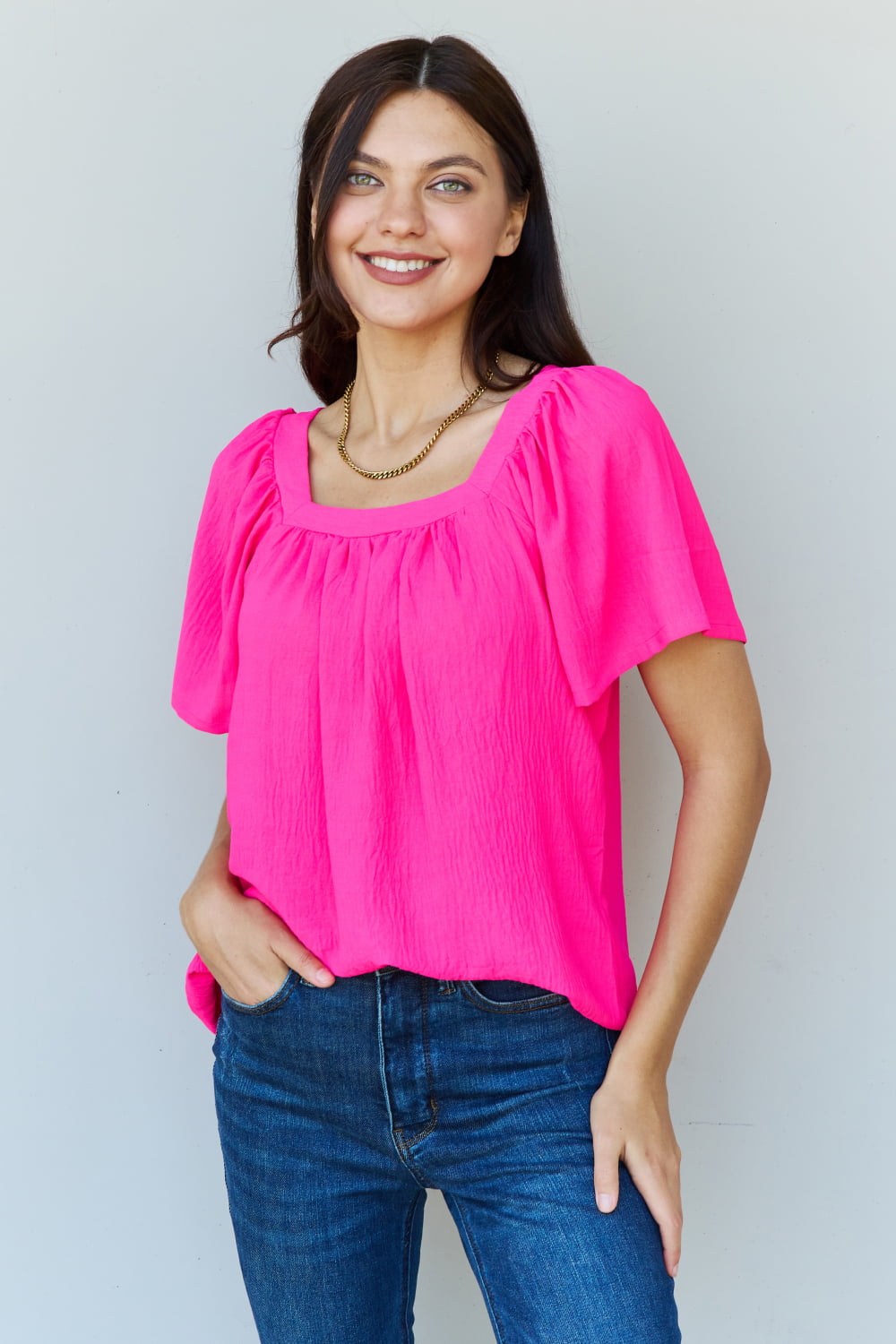 Ninexis Keep Me Close Square Neck Short Sleeve Blouse in Fuchsia