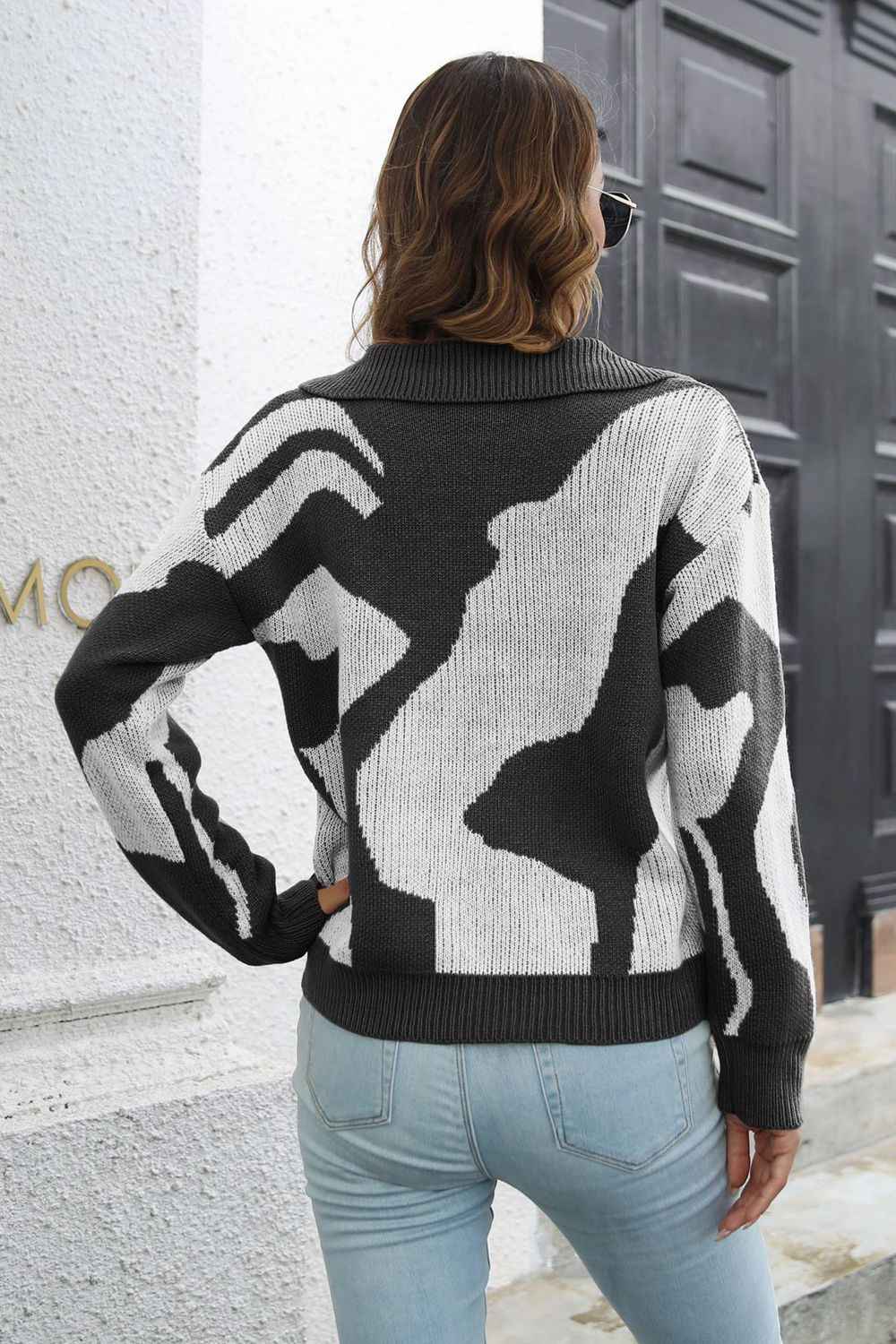 Two-Tone Johnny Collar Dropped Shoulder Pullover Sweater - Pahabu - Women's Clothing & Shop