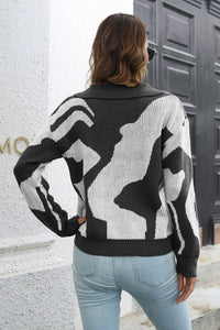 Two-Tone Johnny Collar Dropped Shoulder Pullover Sweater - Pahabu - Women's Clothing & Shop