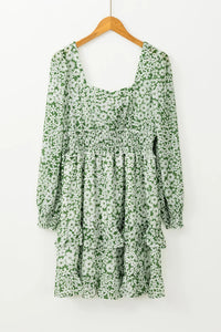 Ruffle Hem Floral Square Neck Long Sleeve Dress - Pahabu - Women's Clothing & Shop