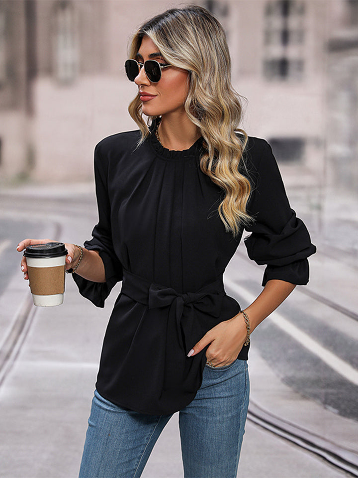 Perfee Round Neck Tie Waist Long Sleeve Blouse - Pahabu - Women's Clothing & Shop