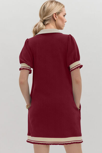 Oh Frill Contrast Trim Johnny Collar Short Sleeve Mini Dress - Pahabu - Women's Clothing & Shop