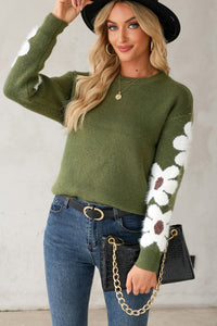 Flower Round Neck Long Sleeve Sweater - Pahabu - Women's Clothing & Shop