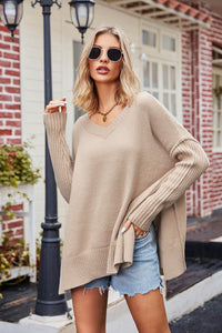 V-Neck Slit Exposed Seam Sweater - Pahabu - Women's Clothing & Shop