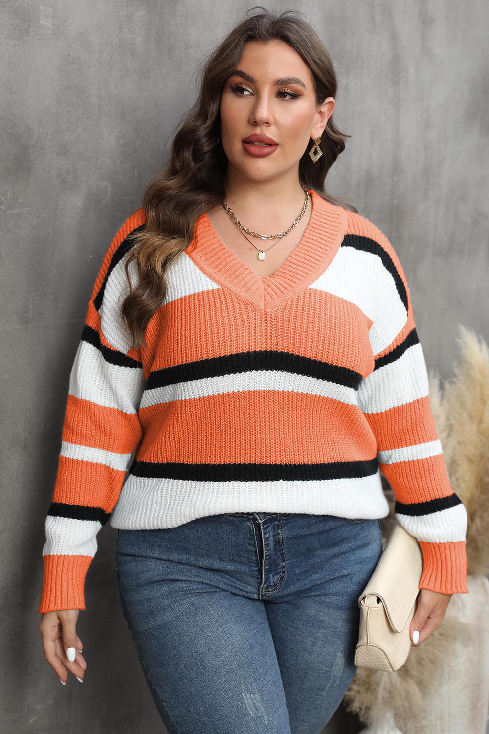 Plus Size Striped V-Neck Dropped Shoulder Sweater - Pahabu - Women's Clothing & Shop