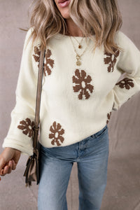 Flower Round Neck Long Sleeve Sweater - Pahabu - Women's Clothing & Shop