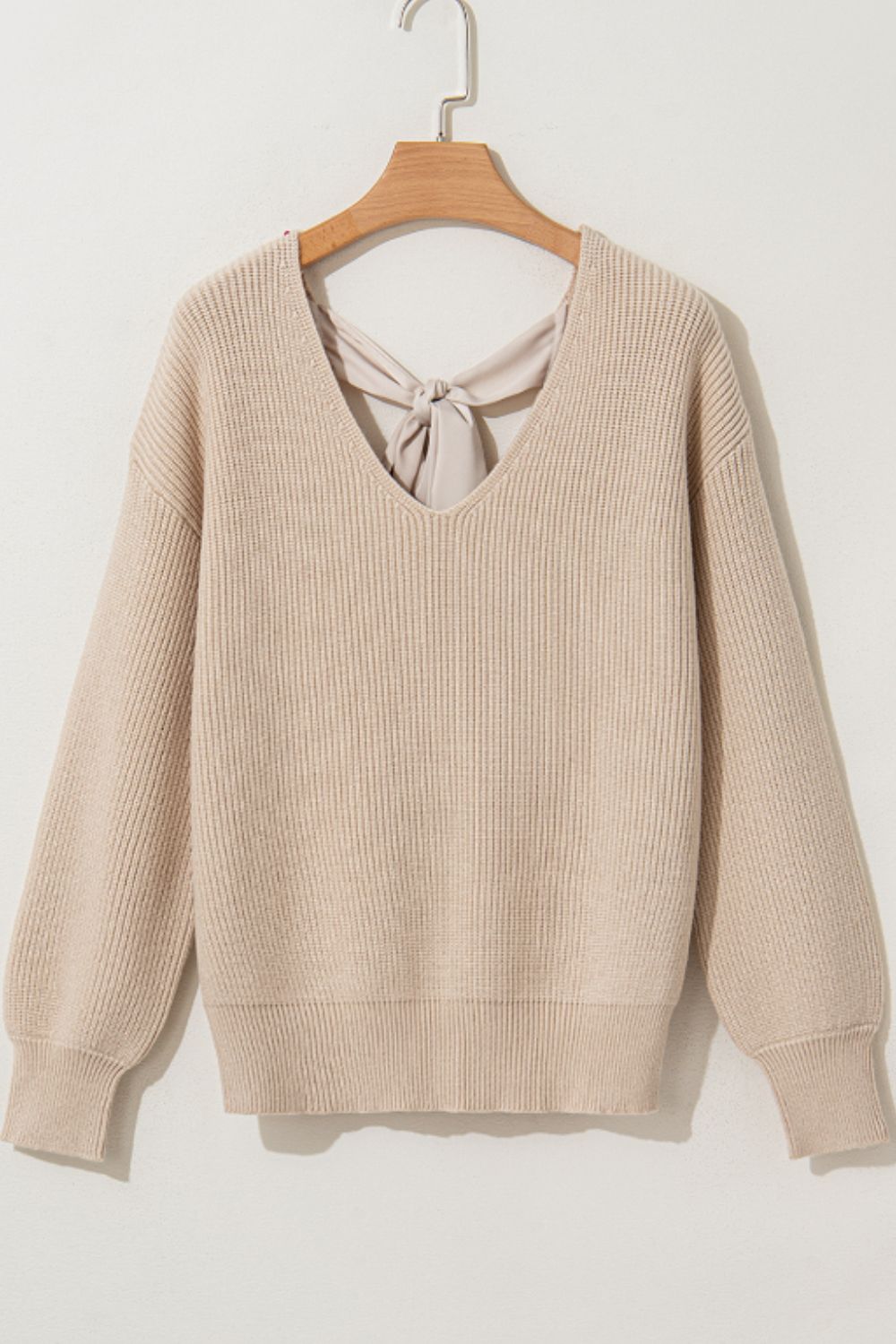 Tied Back V-Neck Long Sleeve Sweater - Pahabu - Women's Clothing & Shop