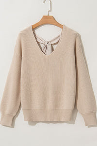 Tied Back V-Neck Long Sleeve Sweater - Pahabu - Women's Clothing & Shop