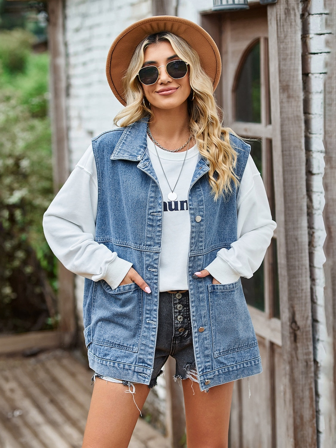 Button Front Sleeveless Denim Jacket - Pahabu - Women's Clothing & Shop