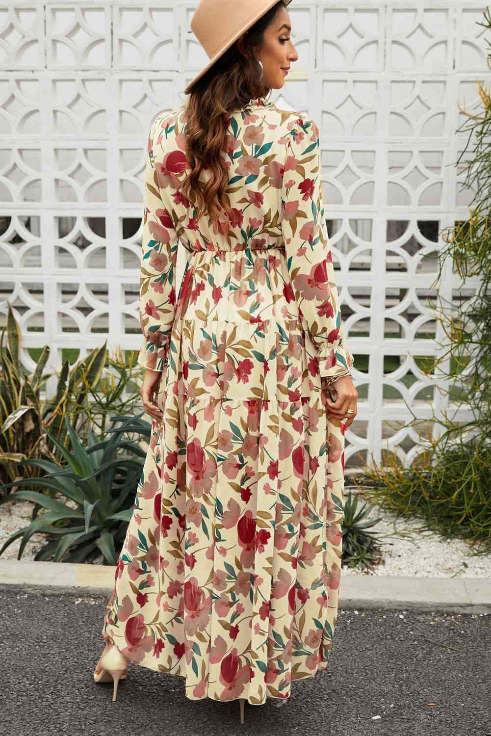 Floral Frill Trim Flounce Sleeve Plunge Maxi Dress - Pahabu - Women's Clothing & Shop