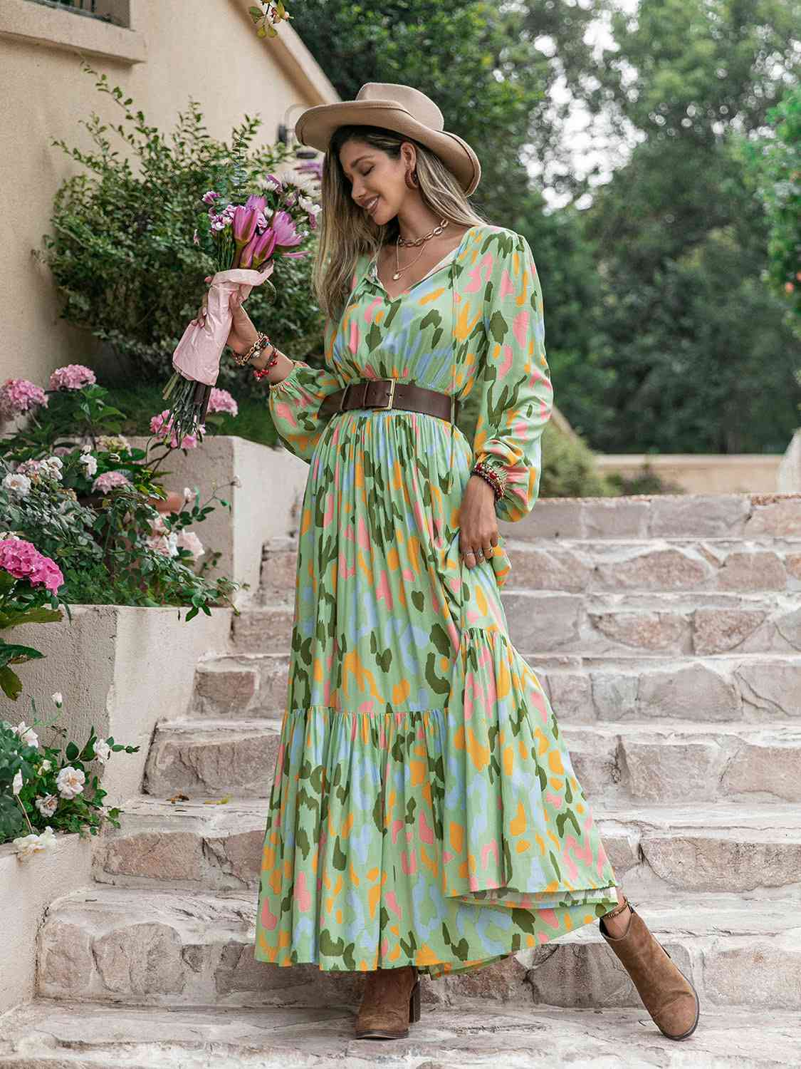 Printed Tie Neck Long Sleeve Maxi Dress - Pahabu - Women's Clothing & Shop
