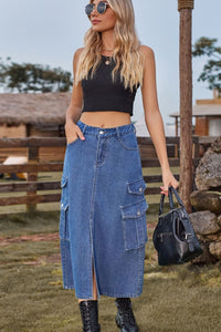 Slit Front Midi Denim Skirt with Pockets - Pahabu - Women's Clothing & Shop