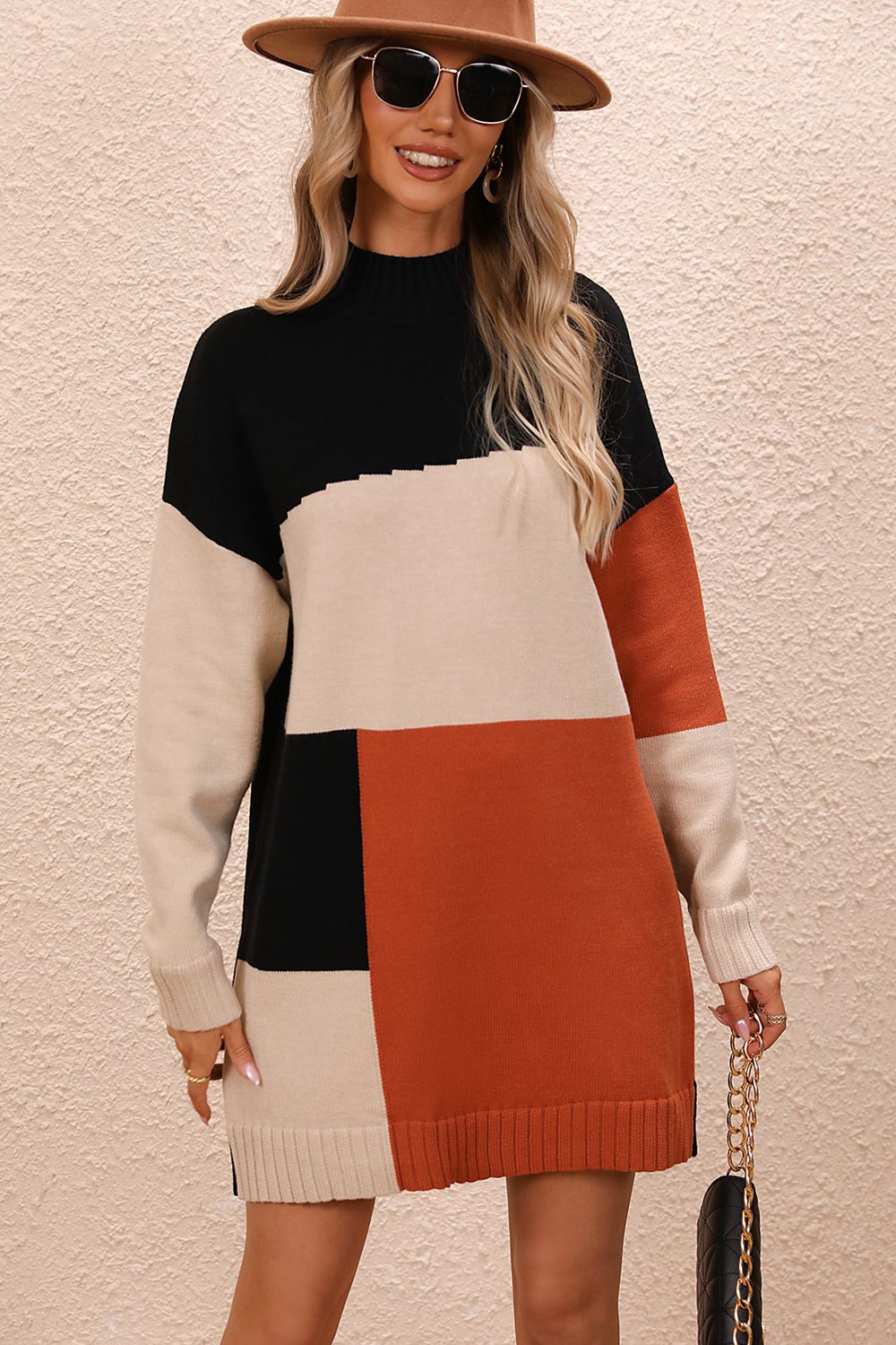 Color Block Mock Neck Dropped Shoulder Sweater Dress - Pahabu - Women's Clothing & Shop