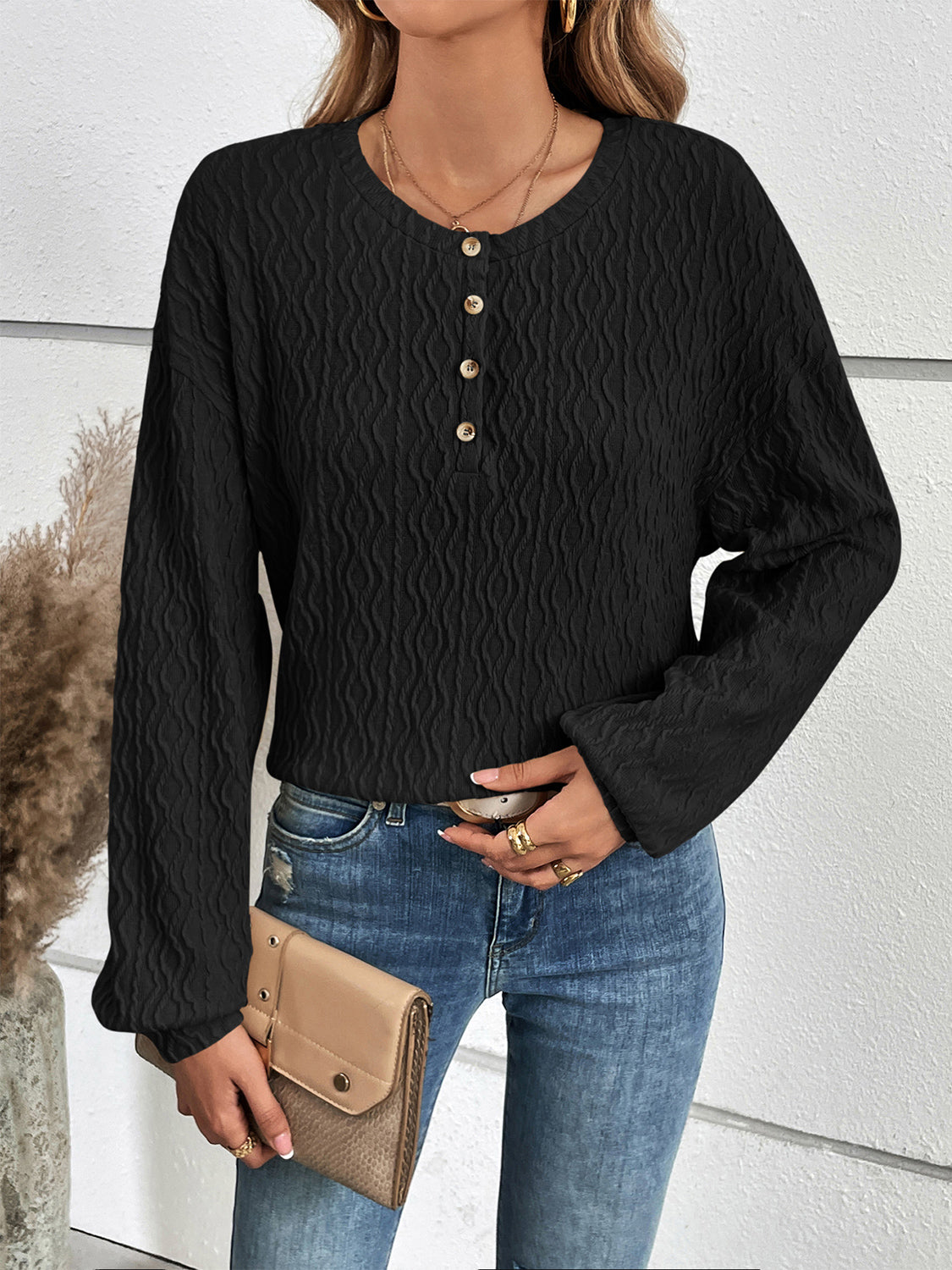 Ivy Lane Half Button Long Sleeve Top - Pahabu - Women's Clothing & Shop