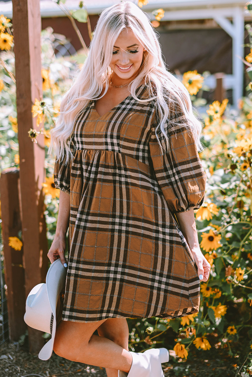 Plaid V-Neck Balloon Sleeve Dress - Pahabu - Women's Clothing & Shop