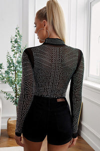 Rhinestone Mock Neck Long Sleeve Bodysuit - Pahabu - Women's Clothing & Shop