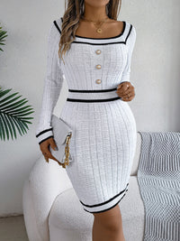 Contrast Trim Long Sleeve Sweater Dress - Pahabu - Women's Clothing & Shop