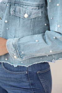 Distressed Pearl Trim Button Up Denim Jacket - Pahabu - Women's Clothing & Shop