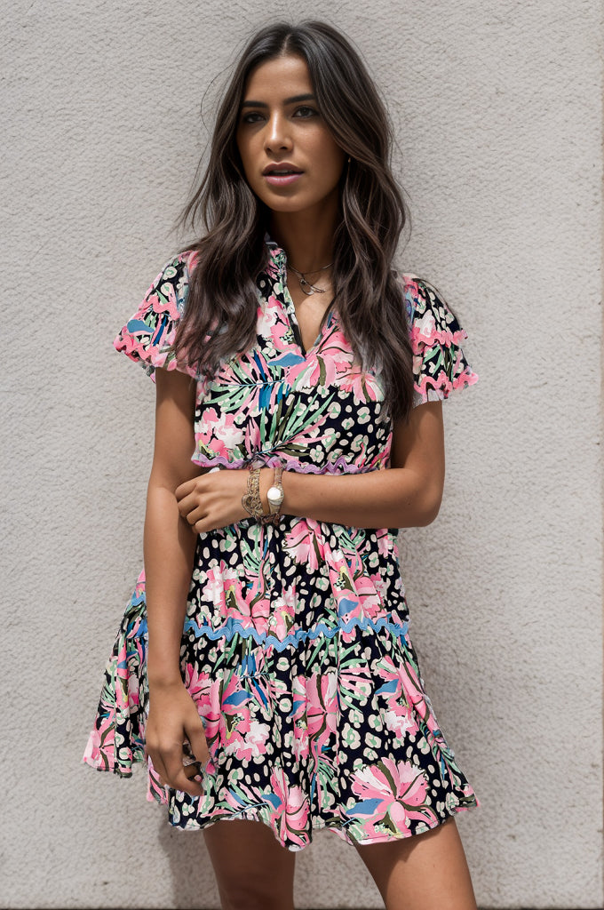 Printed Ruffle Hem Short Sleeve Mini Dress - Pahabu - Women's Clothing & Shop