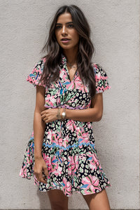 Printed Ruffle Hem Short Sleeve Mini Dress - Pahabu - Women's Clothing & Shop