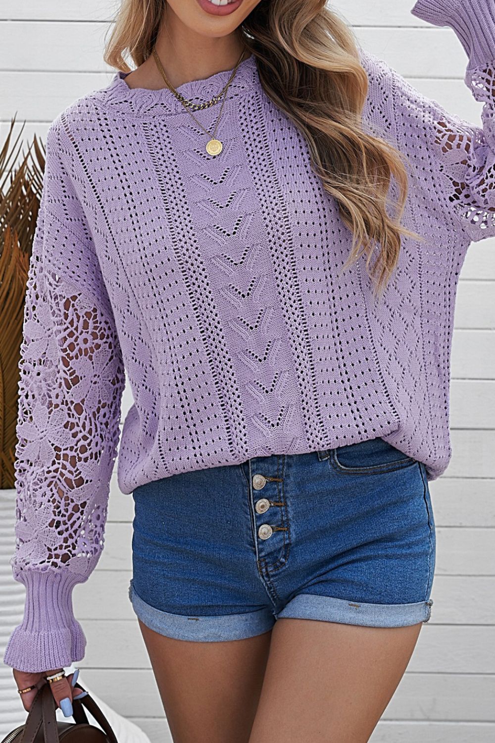 Openwork Round Neck Long Sleeve Sweater - Pahabu - Women's Clothing & Shop