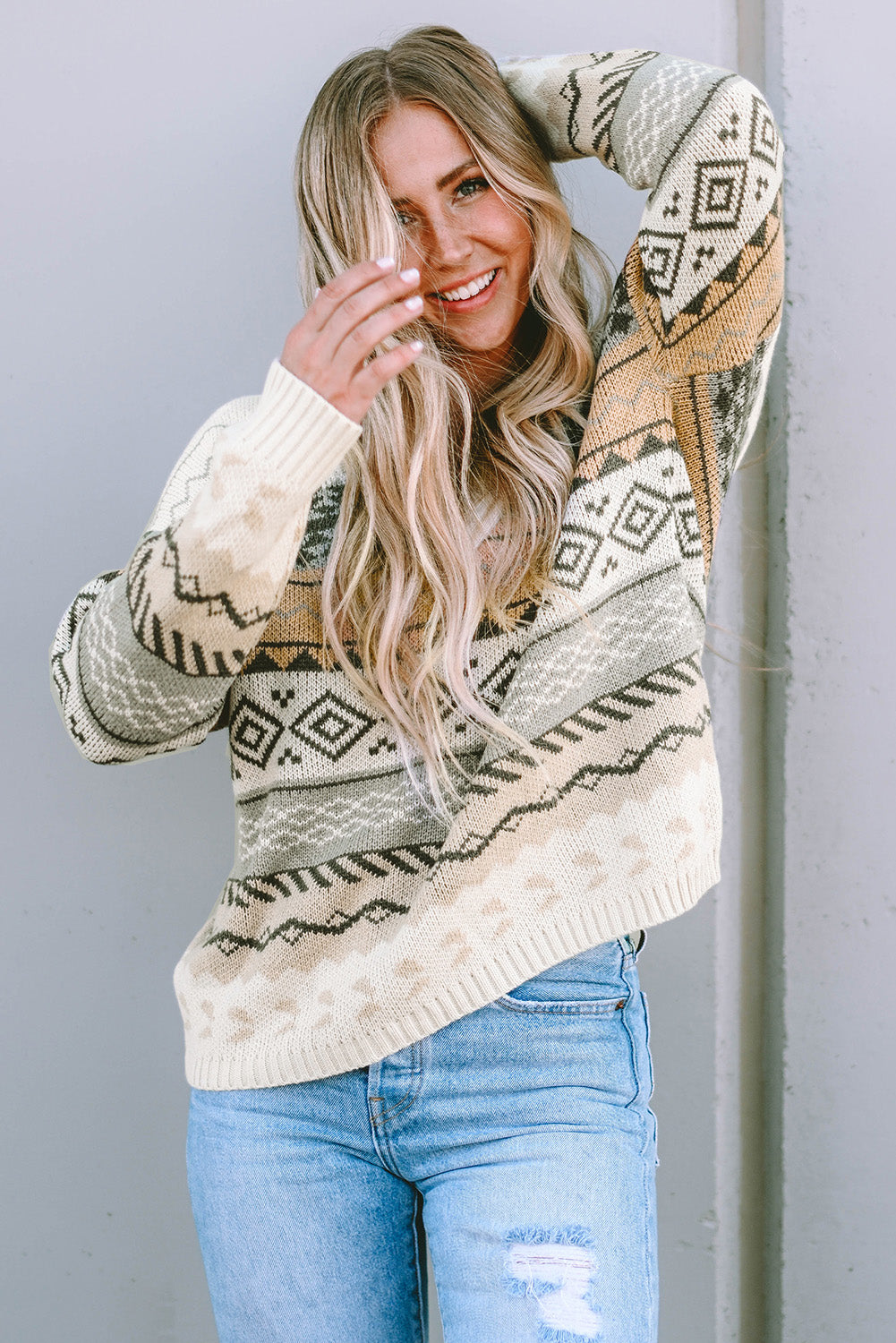 Geometric V-Neck Dropped Shoulder Sweater - Pahabu - Women's Clothing & Shop