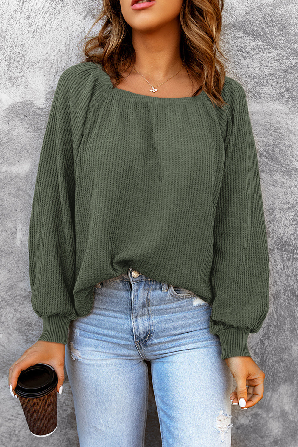 Square Neck Waffle-Knit Top - Pahabu - Women's Clothing & Shop