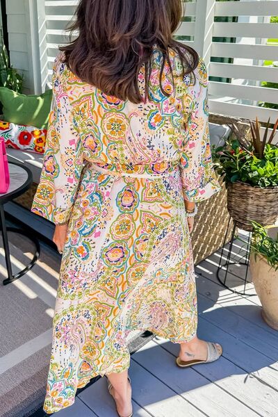 Tied Printed Long Sleeve Midi Dress - Pahabu - Women's Clothing & Shop