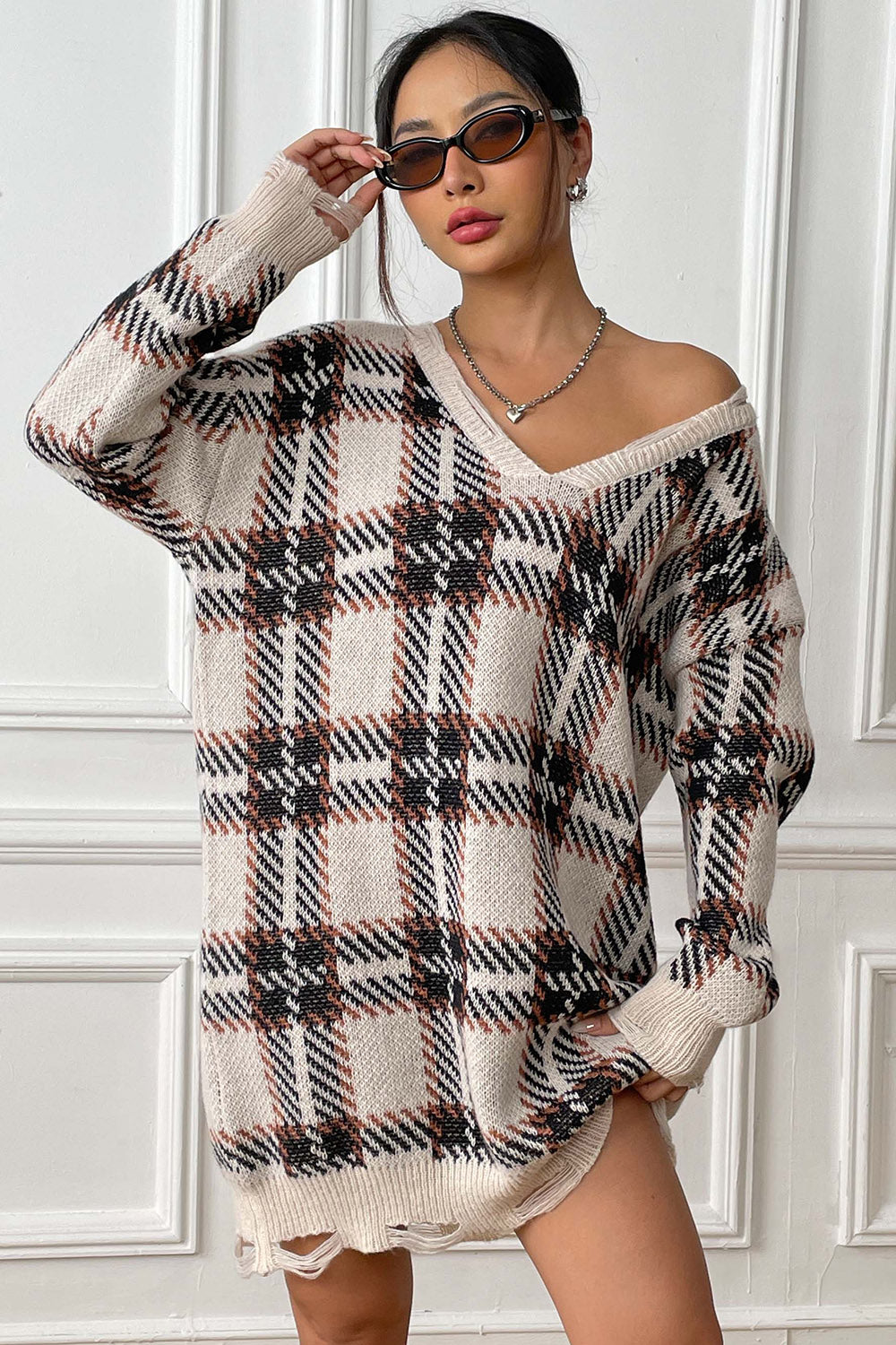 Plaid V-Neck Long Sleeve Sweater Dress - Pahabu - Women's Clothing & Shop