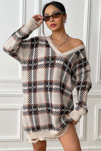 Plaid V-Neck Long Sleeve Sweater Dress - Pahabu - Women's Clothing & Shop
