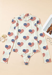 US Flag Heart Mock Neck Long Sleeve Bodysuit - Pahabu - Women's Clothing & Shop